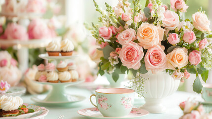 spring themed table setting featuring beautiful floral arrangement with pink and peach roses, accompanied by delicate cupcakes and pastel tea cup, creating charming and inviting atmosphere