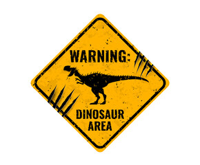 Dinosaur warning sign with claw scratch marks. Dangerous prehistoric animal, dino park area isolated vector warning road sign with monolophosaurus roaring dinosaur silhouette and claws marks on metal © Vector Tradition