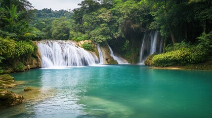 Fototapeta premium Lush Green Forest Waterfall Cascading into Teal Pool