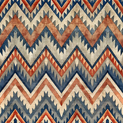 A Seamless Pattern of Blue. Red and Beige Chevron Shapes.