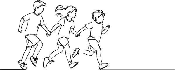 continuous single line drawing of three young kids running hand in hand, line art vector illustration