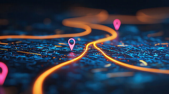vibrant digital map with glowing pathways and location markers, illustrating navigation and connectivity in modern urban environment