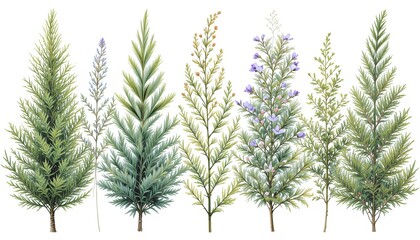 Botanical illustration of evergreen trees nature art studio close-up gigapixel cgi