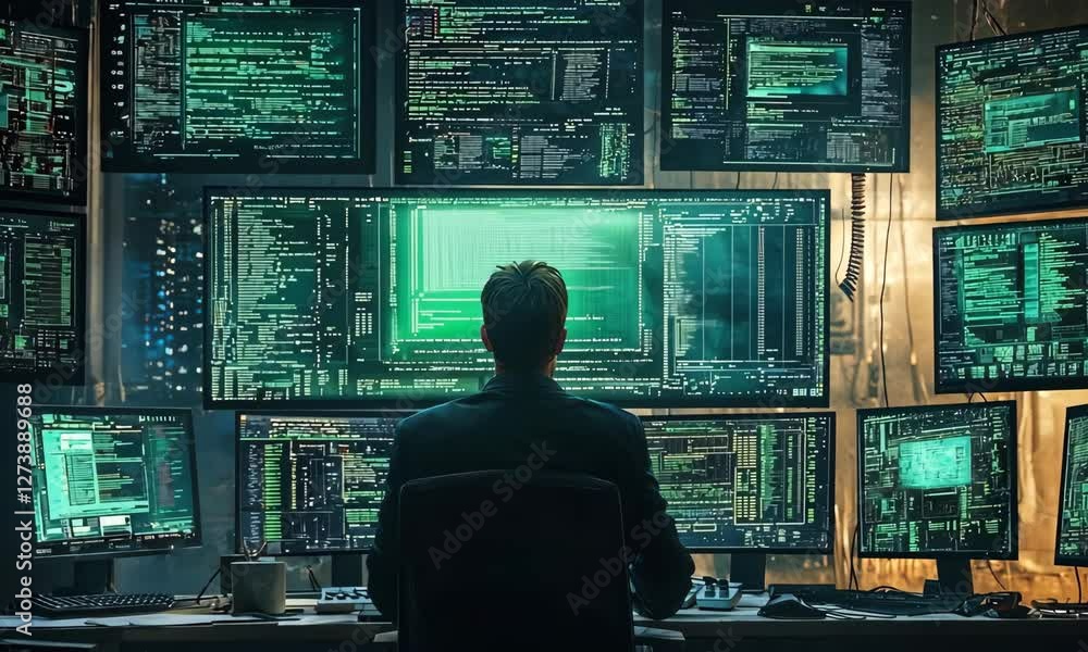Poster man working late at night with multiple computer screens showing green code