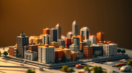 Fototapeta premium Highly Detailed Miniature City Model with Skyscrapers, Roads, and Tiny Vehicles in a Realistic Urban Layout