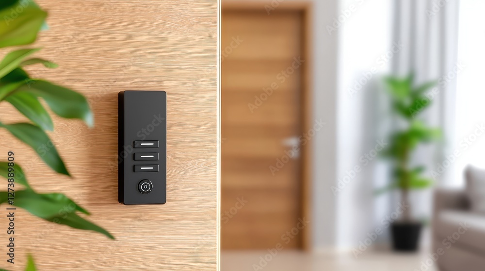 Poster a modern wall switch with a sleek design mounted on a wooden surface, featuring buttons and a backgr