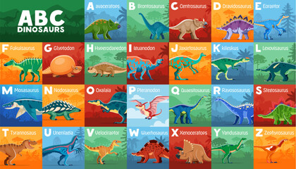 Kids prehistoric dinosaurs alphabet with cartoon dino animal characters. English alphabet letters with funny brontosaurus, tyrannosaurus rex, velociraptor, stegosaurus and pteranodon dinosaurs © Vector Tradition