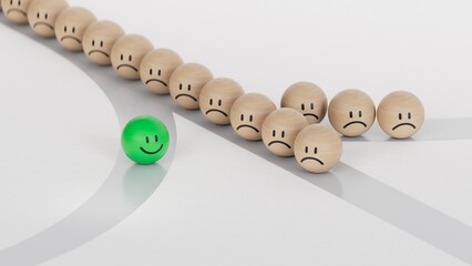 GREEN leader in business way.Wood BALL with smile, normal and sad face. Facial expressions. Mental health assessment.3D rendering on white background.