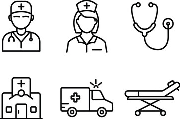 Medical and Healthcare Line Icons – Doctors, Hospital, and Emergency Symbols.