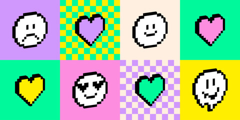 3D emoji pixel icons. Various funny faces. Y2k emoticon stickers. Melting smile. Sad face. Heart shape. Retro style vector illustration. Set of emoticons in pixel art. Bold and groovy seamless pattern