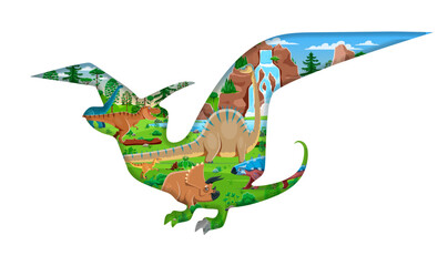 Paper cut prehistoric flying dinosaur silhouette with Jurassic lizards and reptiles, vector banner. Paper cut pteranodon dinosaur silhouette with T Rex tyrannosaurus and prehistoric lizards for kids © Vector Tradition