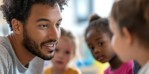 Obraz premium Male Caregiver Interacting with Preschool Children
