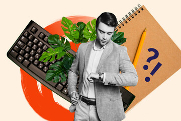 3d sketch poster trend collage image of serious businessman look wristwatch punctuality concept...