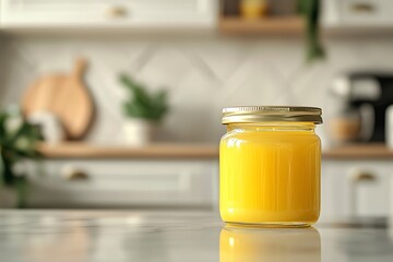 Ghee glass jar mockup, kitchen background