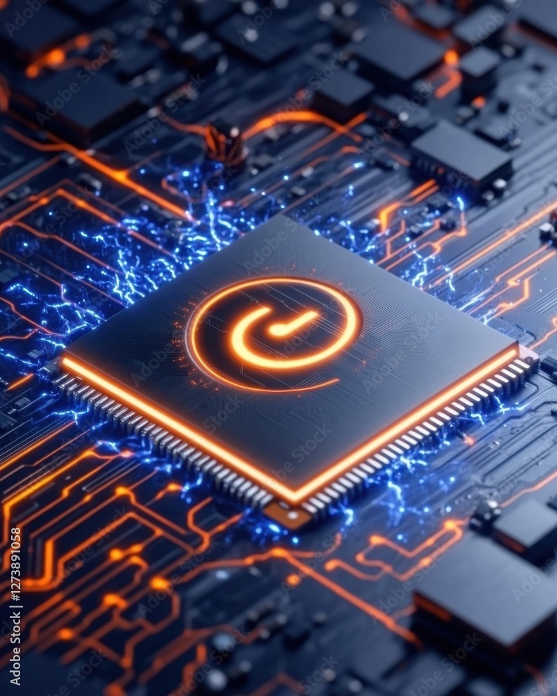 Poster close up view of a computer microchip with an illuminated power symbol, surrounded by blue electrica