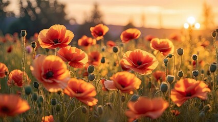 "Vibrant Poppy Flowers in Bloom Against a Sunset Sky"