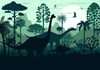Tropical forest with prehistoric era dinosaurs silhouettes. Jurassic forest sunset landscape vector background with jungle fern trees, extinct dinosaurs reptile animals, mountains peaks silhouettes © Vector Tradition