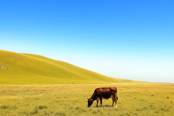 Cow grazing in open plain with grasses