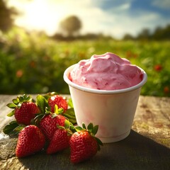 Vibrant Strawberry Yogurt Cup Surrounded by Fresh Strawberries