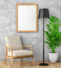 Fototapeta premium A cozy interior shot featuring a beige armchair with wooden frame, a black floor lamp, and a vibrant green potted plant set against a textured gray