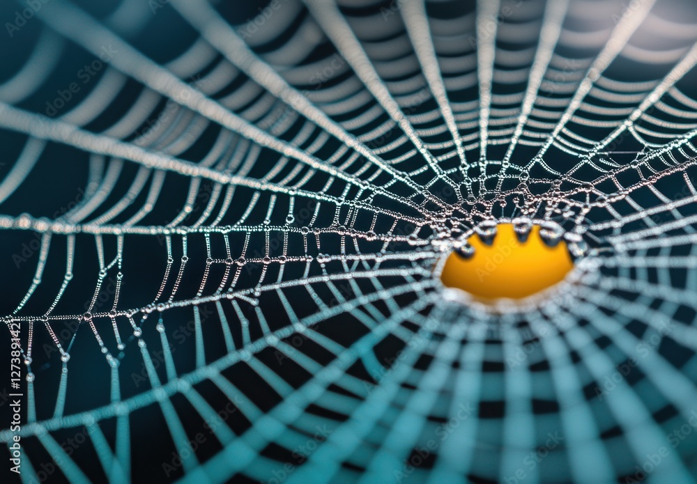 Poster close up view of an intricate spiderweb with dew drops, showcasing a geometric pattern against a dar