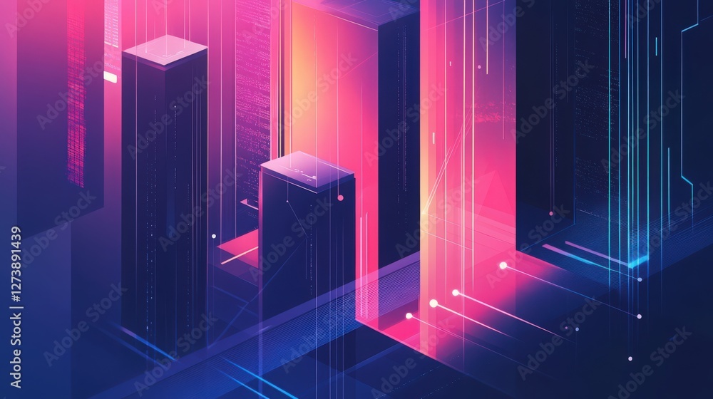 Poster abstract data center visualization with glowing lines and geometric shapes
