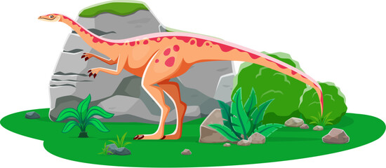 Archaeornithomimus prehistoric dinosaur cartoon paleontology character. Isolated vector ancient omnivorous dino reptile animal in natural environment with rocks and plants. Late Cretaceous era lizard