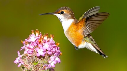 Fototapeta premium Vibrant Hummingbird Hovering Near Colorful Blossoms in Landscape