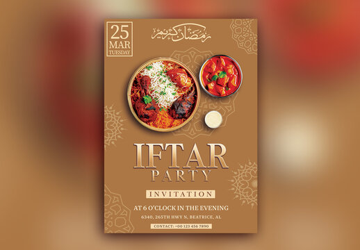 Editable Iftar Party Flyer or Invitation Card with Time, Date and Venue Details.