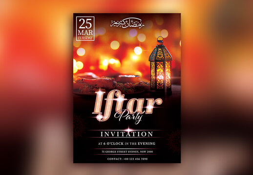 Editable Iftar Party Flyer or Invitation Card with Time, Date and Venue Details.