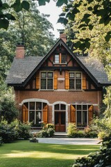 Nestled in a serene forest setting, this charming brick house is beautifully framed by lush greenery, creating a picturesque scene under the warm sun
