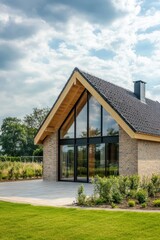 A contemporary brick house featuring expansive windows, surrounded by a lush green landscape, basking under the warm sun amidst a clear blue sky dotted with fluffy clouds