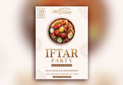 Editable Iftar Party Flyer or Invitation Card with Time, Date and Venue Details.