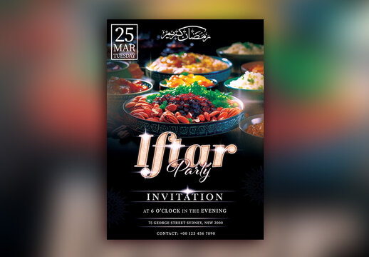 Editable Iftar Party Flyer or Invitation Card with Time, Date and Venue Details.