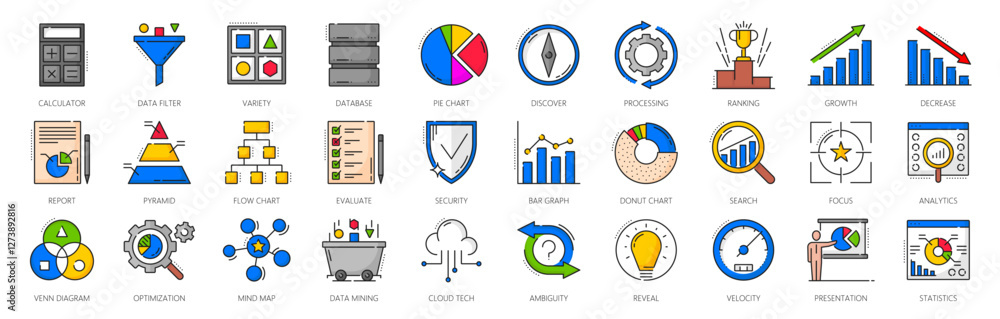 Aufkleber color outline data analytics and analysis icons. vector line business report graphs and statistic ch