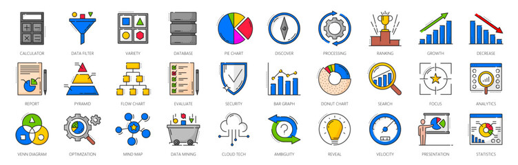 Color outline data analytics and analysis icons. Vector line business report graphs and statistic charts, big data technology, digital information filter and database symbols. Analytics icons set
