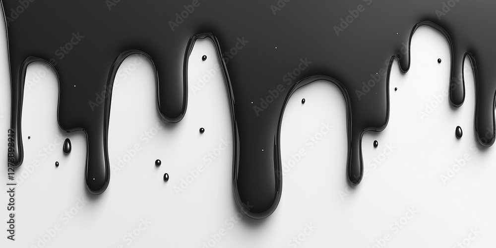 Poster black paint dripping down, creating striking contrast against white background. smooth texture and g