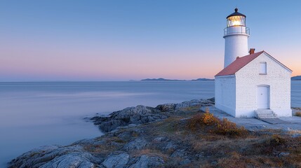 Obraz premium Sunset view of a tranquil lighthouse on rocky shoreline coastal landscape photography serene atmosphere