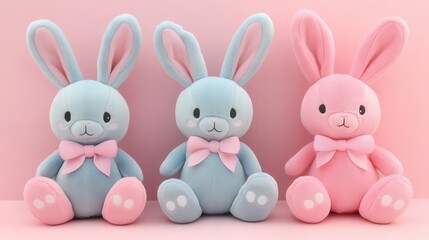 Three adorable stuffed animals arranged closely on a soft pink surface, showcasing their vibrant colors and plush textures in a playful setting.