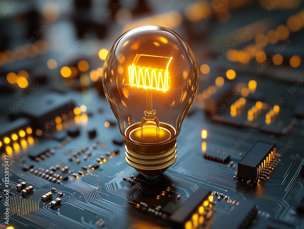 Poster glowing light bulb with intricate technological circuits and chips background, symbolizing innovatio