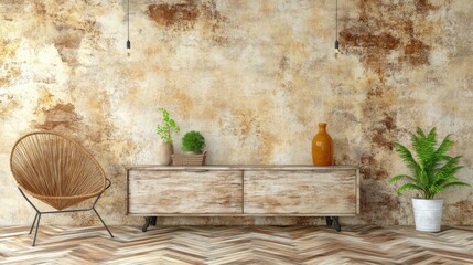 Living Room Interior with Brown Rattan Chair and Rustic Wooden Cabinet Against Textured Wall