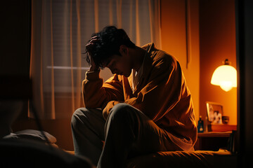 man sitting on bed in dimly lit bedroom, expressing deep thought and contemplation. warm light creates cozy yet introspective atmosphere