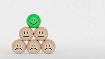smile and sad face symbol on wooden BALL blocks. Emotion, Service rating, ranking, customer review, satisfaction and feedback concept.3D rendering on white background.