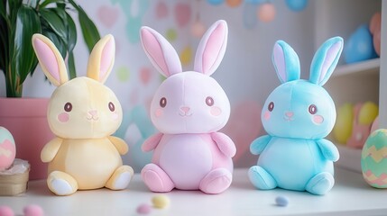 Obraz premium Three adorable stuffed animals are displayed on a shelf alongside a vibrant potted plant, creating a cozy and inviting atmosphere in the room.