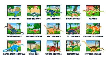 Cartoon prehistoric dinosaurs. Vector vibrant set of ancient dino reptile animals with their names, each set against a unique natural background with jurassic era landscape. Paleontology education