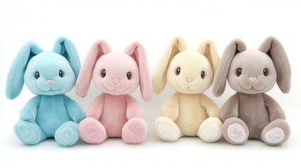 Obraz premium Three adorable stuffed animals are arranged closely on a light white surface, showcasing their colorful features and unique designs.