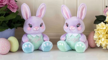 Obraz premium Two adorable stuffed animals sit side by side on a table, showcasing their charming features and inviting a sense of warmth and companionship.