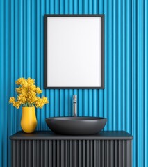Modern bathroom interior featuring a black sink, yellow flowers, and an empty frame against a blue ribbed wall. A minimalist design with sleek lines