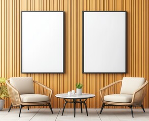 Two empty frames hang on a light brown wooden wall above a small round table with two off white wicker armchairs. A small potted plant sits on the