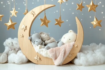 Wooden Crescent Moon Cradle Teddy Bears Starry Night